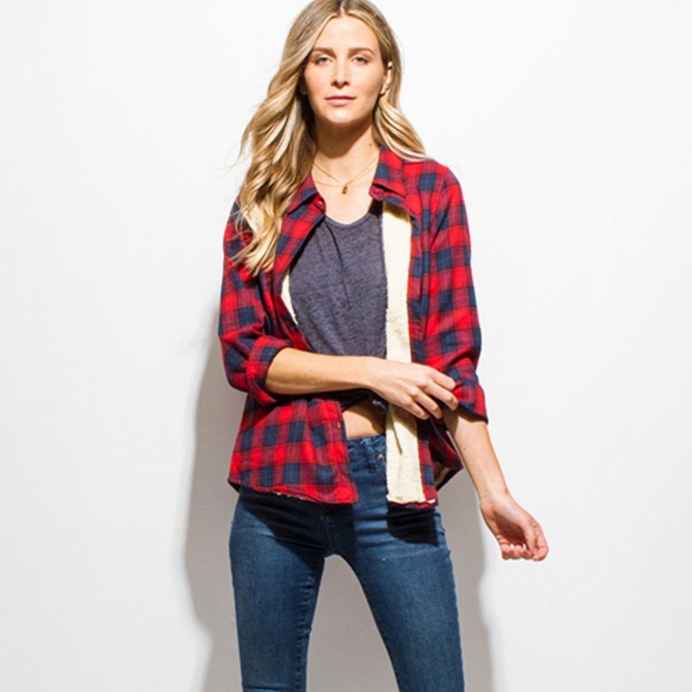 LAST 1! RED/BLUE Plaid Fleece Lined Flannel Top - Picture 2 of 6